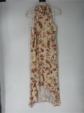 Exquise Yellow Floral Jacquard Formal Satin High Neck Halter Gown Maxi Dress L